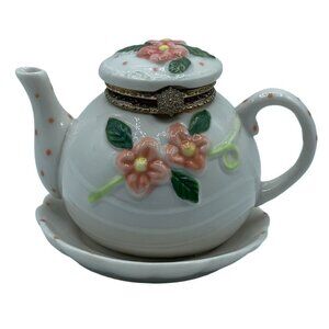 Miniature Teapot and Saucer Peach Floral Porcelain Trinket Box 4 1/4" X 3"